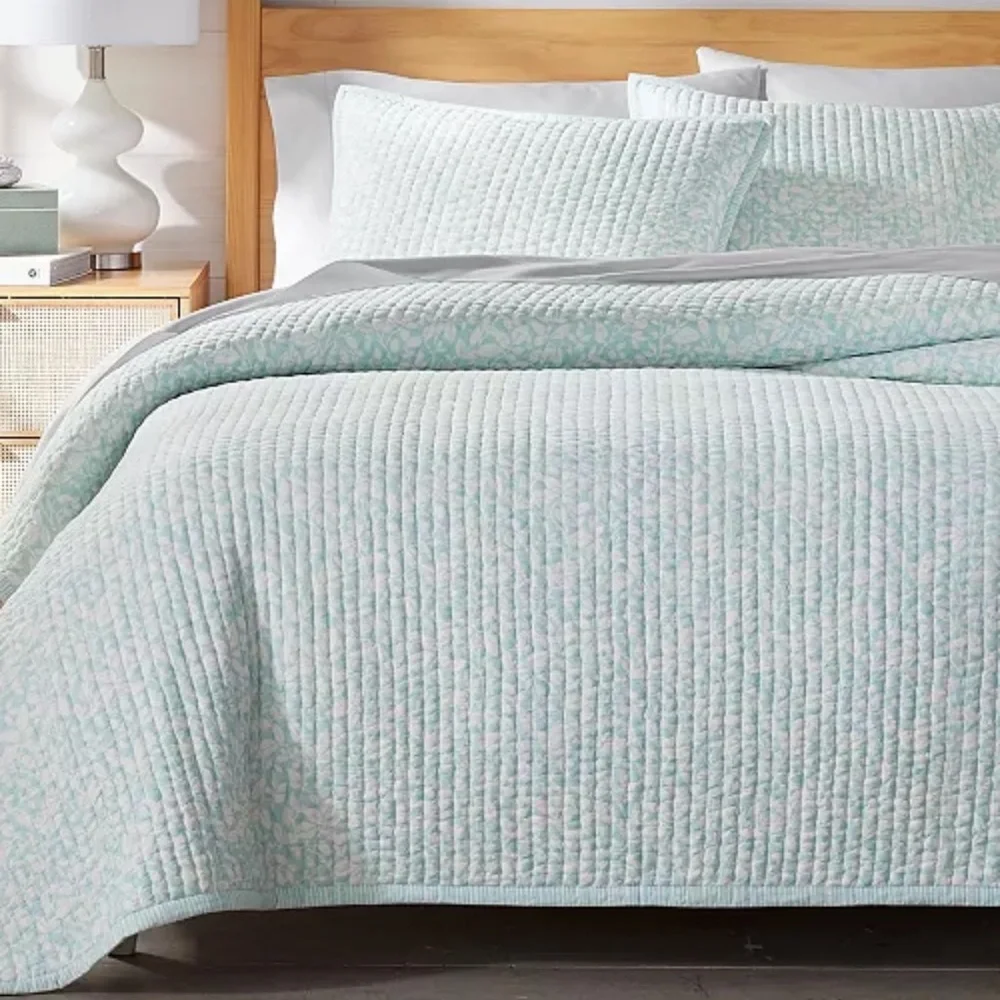 Charter Club Cotton Quilt Leaf Silhouette 3 Piece Set Full Queen Blue